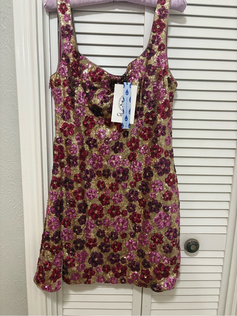 Cider Pink and Gold Sequin Floral Mini Dress